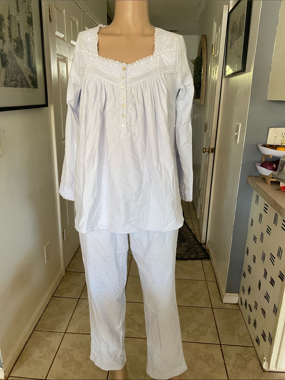 Eileen West baby blue flannel Cotton Button-Front Pajama Set with Lace Trim